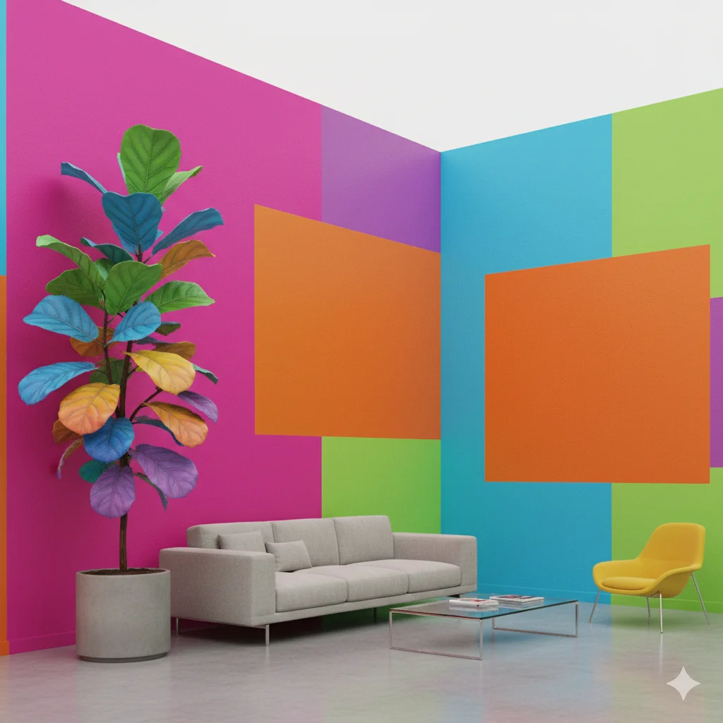 The lived moment - vibrant color-blocked interior with bold pink, orange and turquoise walls