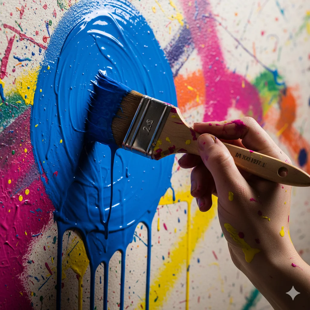 The creative gesture - hand painting vibrant blue with colorful splashes